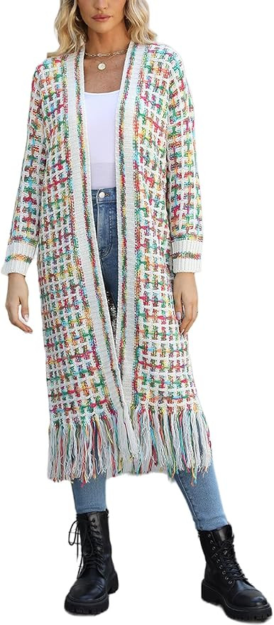 Perbai Womens Boho Cardigan Sweater Open Front Fringed Tassels Aztec Maxi Cardigan Jacket | Amazon (US)