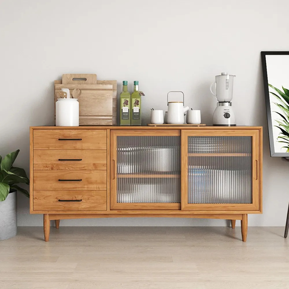 Nordic Natural Sideboard Buffet with 2 Glass Doors & 4 Drawers & 1 Shelf in Small | Homary.com
