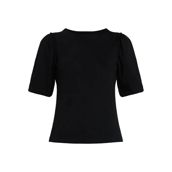 Time and Tru Women's Cotton Crewneck Tee with Puff Sleeves, Sizes XS-XXXL | Walmart (US)