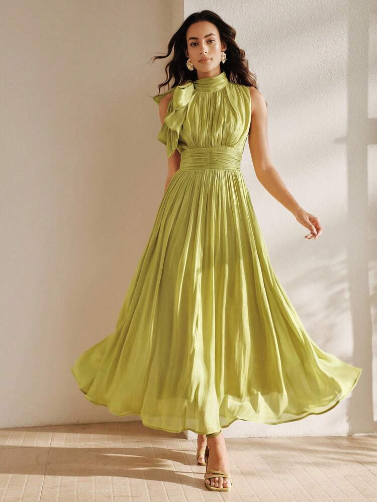 Anewsta Women's Long Dress, Spring/Autumn, Waist Ruched Shiny Elegant Versatile | SHEIN