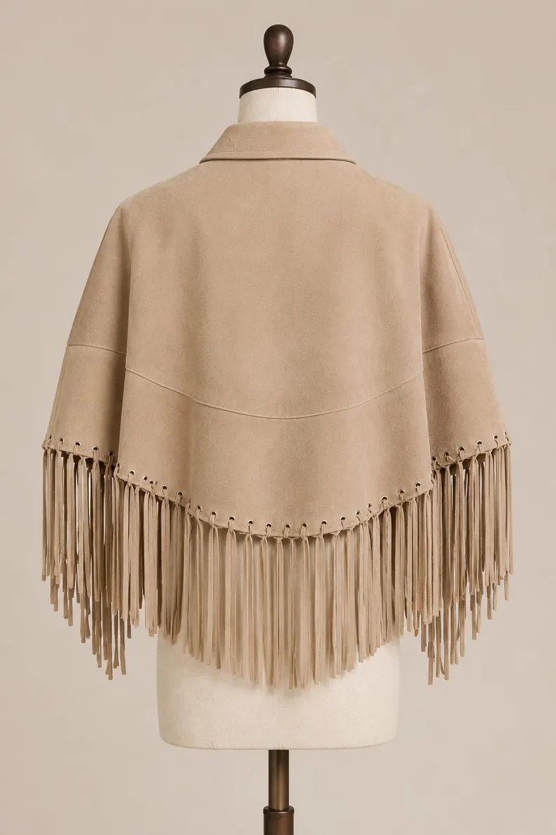 Suede Leather Fringe Poncho Shawl Western Cape Wrap | Etsy (Global)