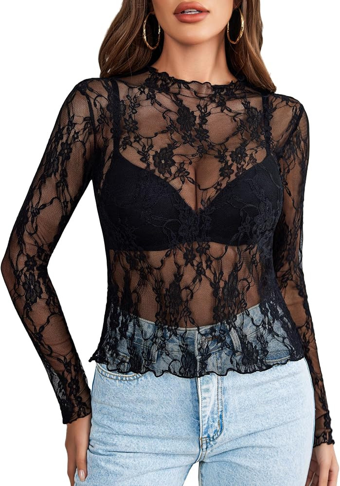 Avidlove Women's Mesh Top Long Sleeve Mock Neck Sheer Blouse See Through Floral Lace Tops | Amazon (US)