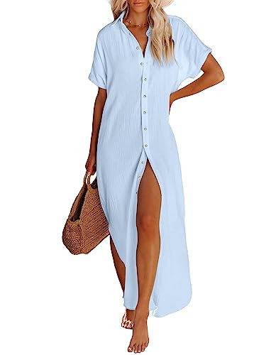 Breezy Lane Blue Beach Cover Up for Women Long Button Down Swimsuit Coverup Bathing Suit Cover Ups | Amazon (US)