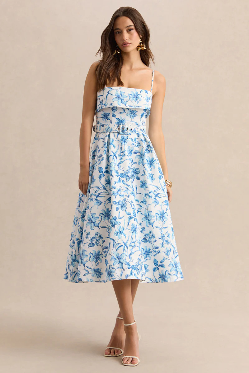 Devina  Blue Porcelain Print Square-Neck Belted Midi-Dress | Club L London