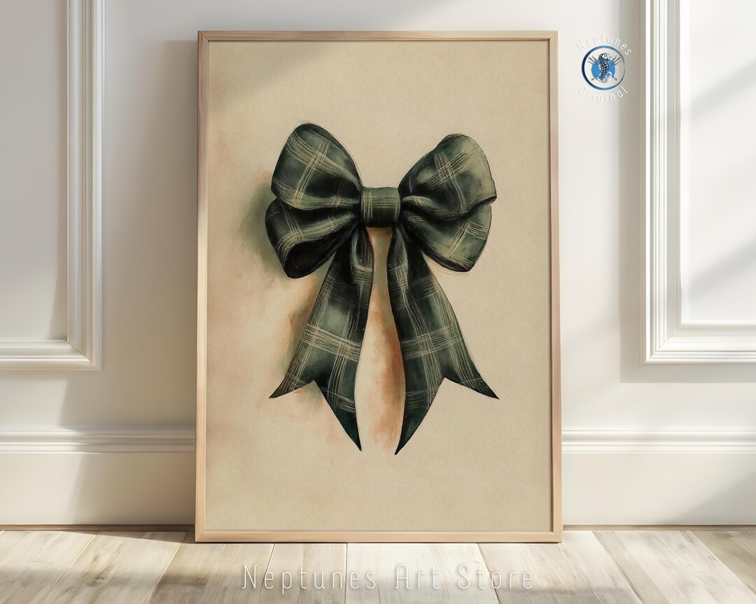 Green Plaid Ribbon Bow Wall Art Print | Rustic Country Christmas Decor | Farmhouse Holiday Digita... | Etsy (US)