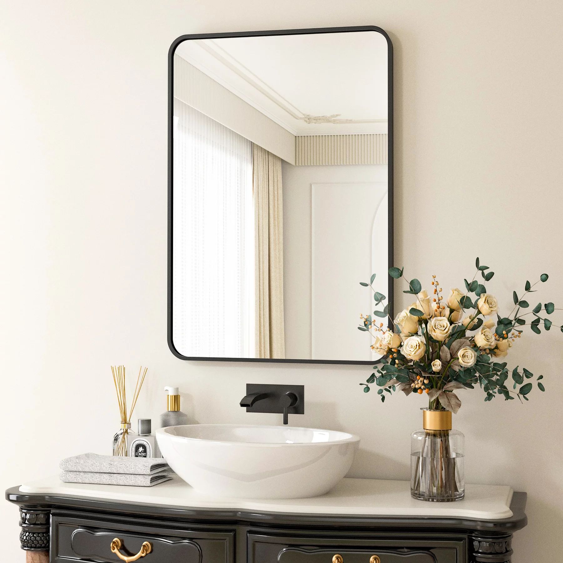 BEAUTYPEAK 24"x36" Wall Mirror Rounded Corners Hanging Vanity Mirror Black | Walmart (US)