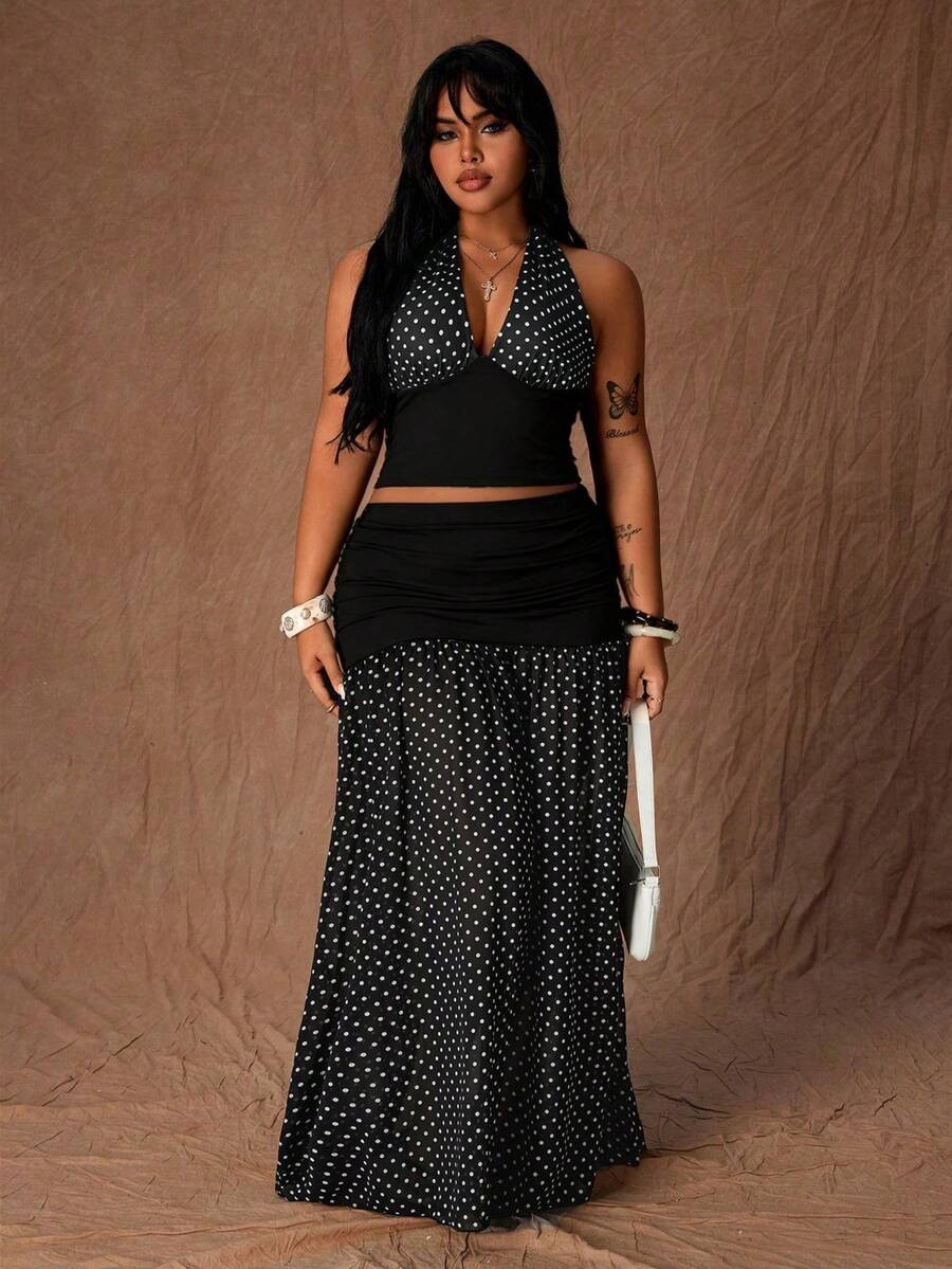 Rustia Plus Size Polka Dot Halter Neck Crop Top And Low-Waist Mini Skirt Set, Retro French Vibe F... | SHEIN