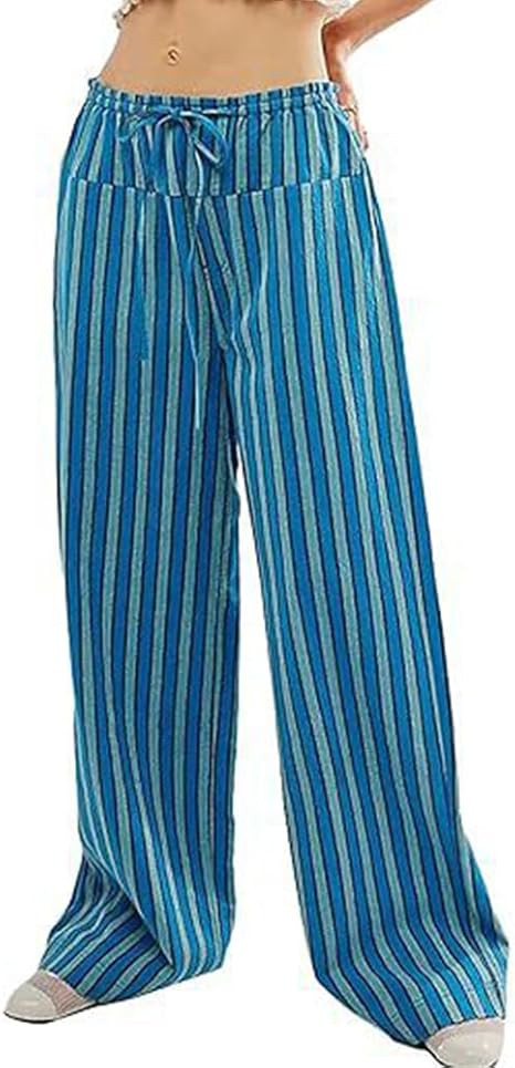 Women's Casual Summer Striped Pants Elastic Waist Drawstring Wide Leg Lounge Boxer Pants Beach Tr... | Amazon (US)
