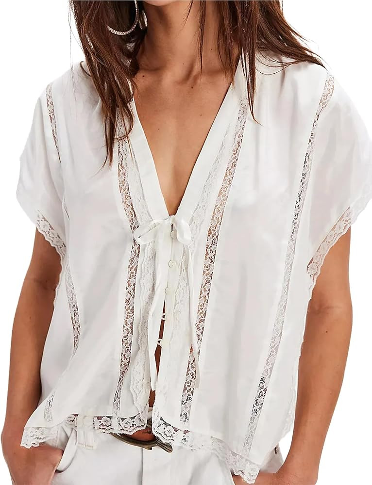 Women Boho Crop Lace Tie Front Tank Summer Vacation Top Button Down Short Sleeve Beach Shirt Y2k ... | Amazon (US)