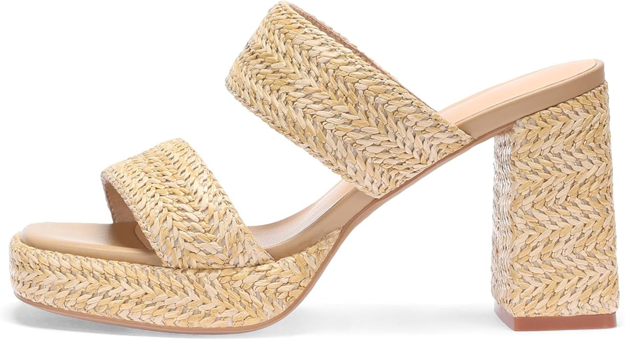 Monrovia Womens Raffia Heeled Sandals Slip On Open Toe Chunky Platform Heel Woven Double Strap Su... | Amazon (US)
