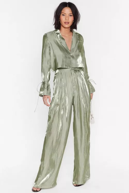 Metallic Satin Pleated Wide Leg Pants | Nasty Gal (US)