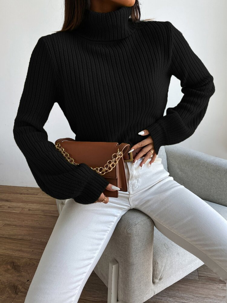 Solid Turtleneck Bishop Sleeve Crop Sweater | SHEIN