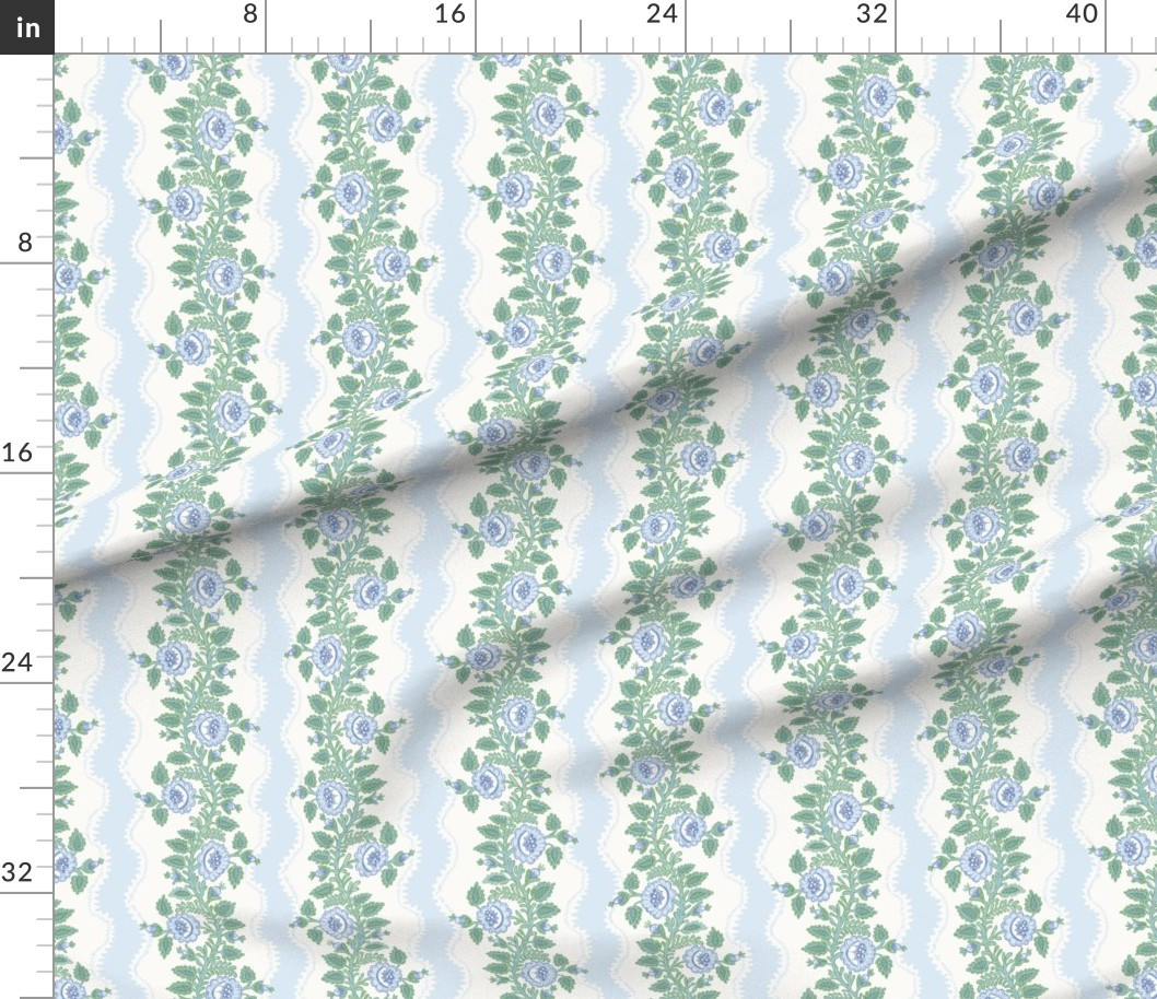 Fabric in Etta Floral Stripe Blue and Green | Spoonflower