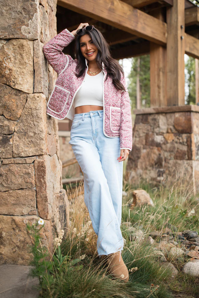 Set Me Free Berry floral Quilted Zip Up Jacket | Pink Lily