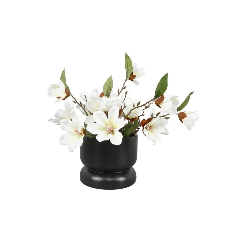 Flora Bunda 11" Artificial Magnolia Blooms in Black Ceramic Planter - Walmart.com | Walmart (US)