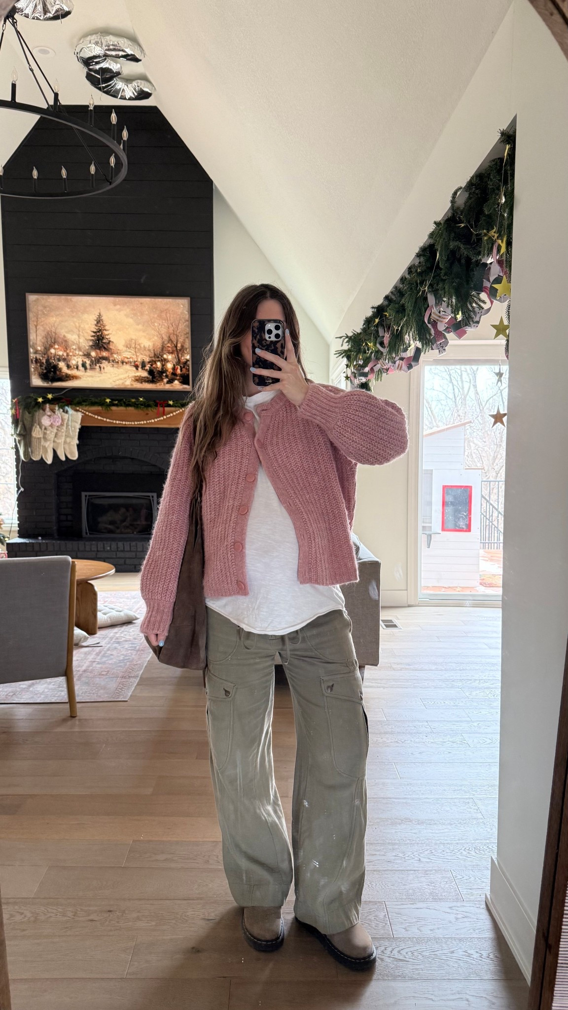 wearing a medium in cardigan, sized up for a more oversized fit! Small in tee and sized up in pants for the bump, wearing a medium! 

Winter outfit, bump friendly 

#LTKBump