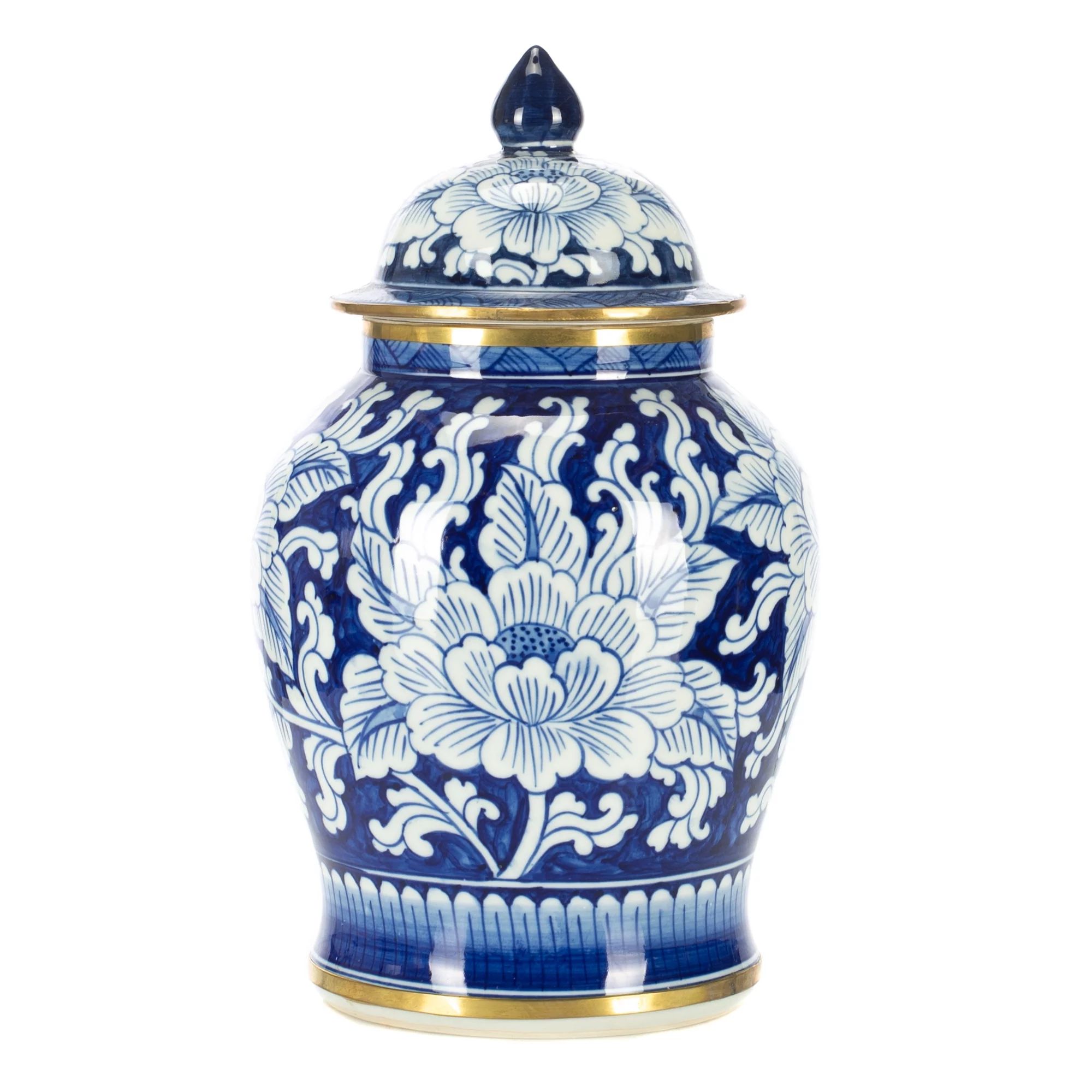 Peony Ginger Blue and White 10 inch Porcelain Ceramic and Brass Decorative Jar | Walmart (US)