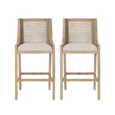 Christopher Knight Home Set of 2 30" Breck Wood and Cane Upholstered Barstools Beige/Natural | Target