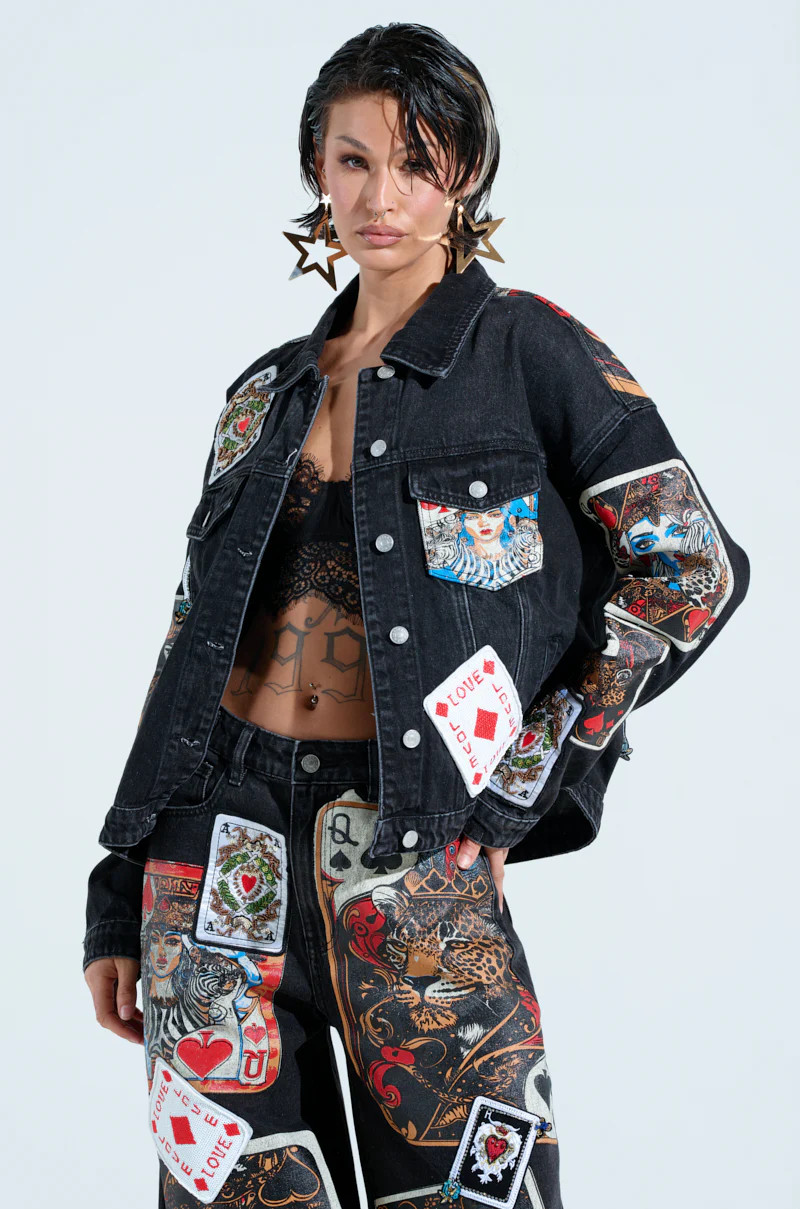 QUEEN OF HEARTS PRINTED AND EMBELLISHED DENIM JACKET | AKIRA