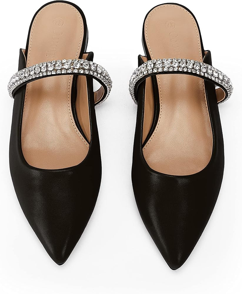 Womens Low Heel Flat Mules Rhinestone Strap Pointed Toe Slip On Backless Sandals Comfort Slippers | Amazon (US)