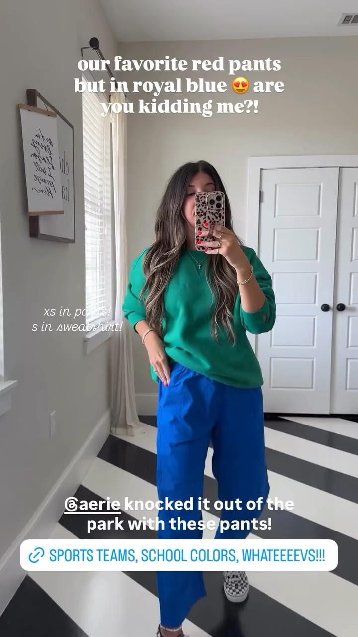 our favorite red pants but in royal blue 😍 are you kidding me?! xs in pants! 
s in sweatshirt! @aerie knocked it out of the park with these pants!

@Aerie pre fall haul! 
blue barrel pants: xs
green sweatshirt: s
stripe sweater pants: xs
stripe sweater: xs
navy blue satin bubble pants: xxs (size down 1) 
Henley stripe quarter button up sweatshirt: xs
rugby polo: xs
flannel button down: xs (hands down the best flannels ever) 
green athletic shorts: xs 
mock neck sweatshirt: s
leggings: xs (the huggers are the best) 
minnetonka clogs: 6 tts
vans: 6.5
red mary jane sneakers: 6; size up if between 
Code Michelle15 on Mama hats
Code everydaysmitten on @Loopy Cases

#LTKootd #LTKOver40 #LTKPetite
