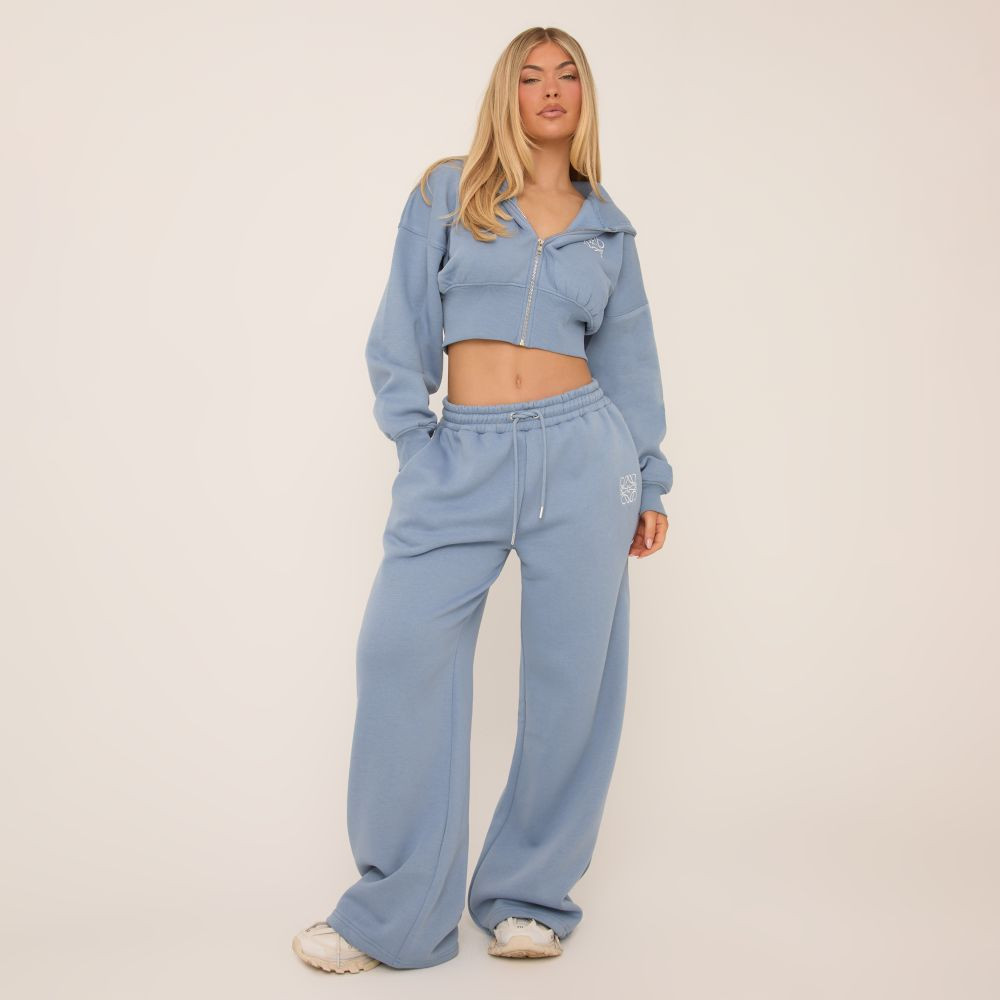 Tie Waist Swirl Graphic Detail Straight Leg Joggers In Blue | EGO (UK)