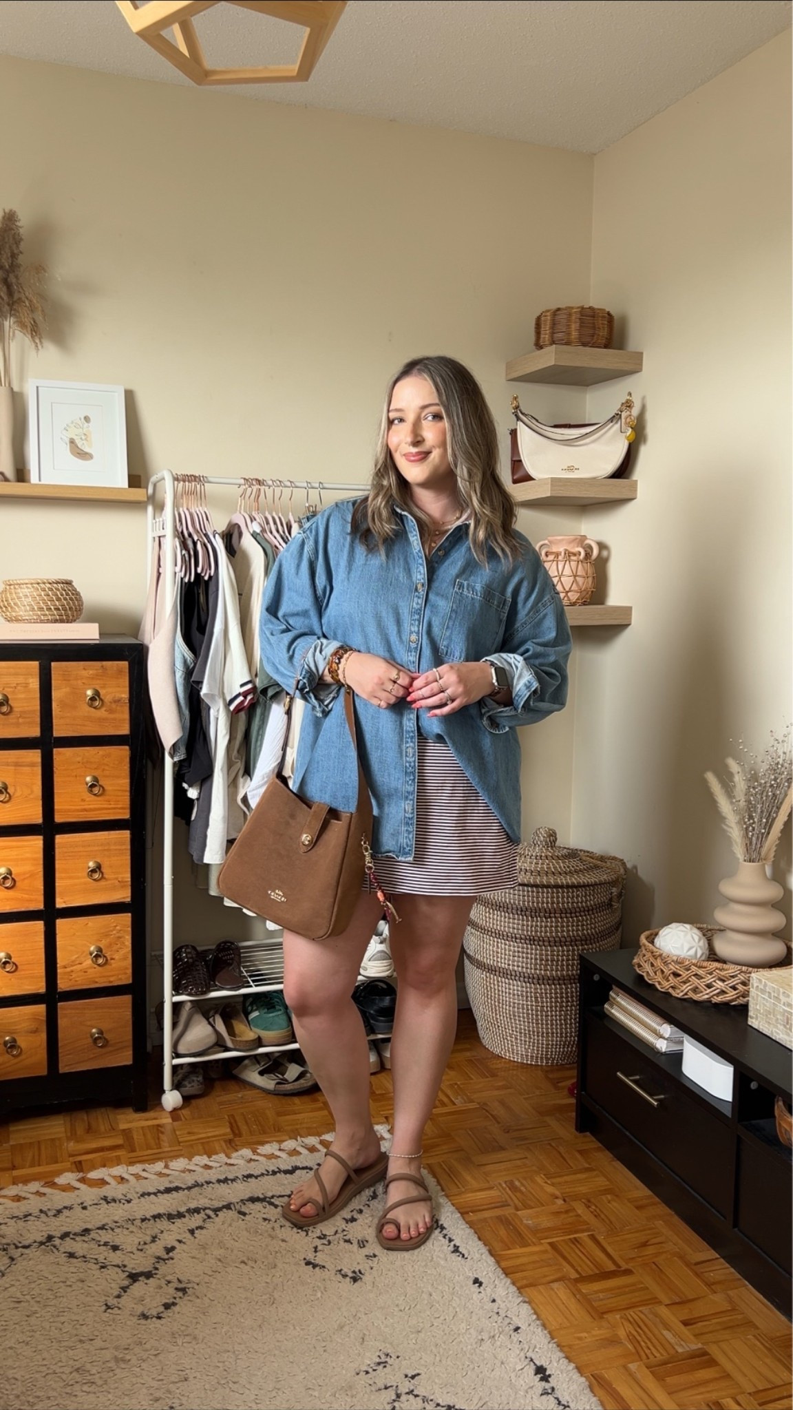 Simple summer outfit! Wearing my usual size L in the denim shirt and striped mini skirt (has built in shorts)! Crocs sandals are super comfy, I’m a 9.5-10 and wear a 10. Canadian shirt & Crocs links under “similar products”

#LTKsummer #LTKmidsize #LTKsale