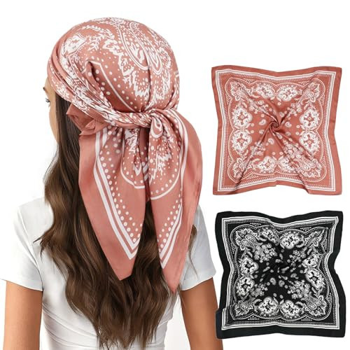 vimate silk bandana scarf-spring summer classic paisley head scarf for hair wrap black bandanas headbands neckerchief(Style 96-2 Pack) | Amazon (US)
