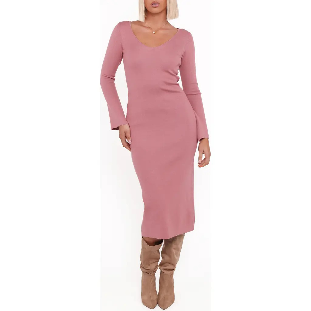 Petal & Pup Lina V-Neck Long Sleeve Midi Sweater Dress in Pink at Nordstrom, Size Large | Nordstrom