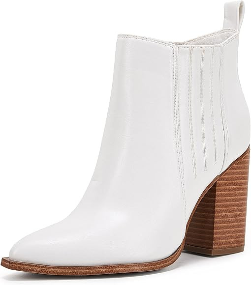 Womens Pointed Toe Slip on Ankle Booties Stacked Mid Block Heel Shoes Faux Leather Boots | Amazon (US)