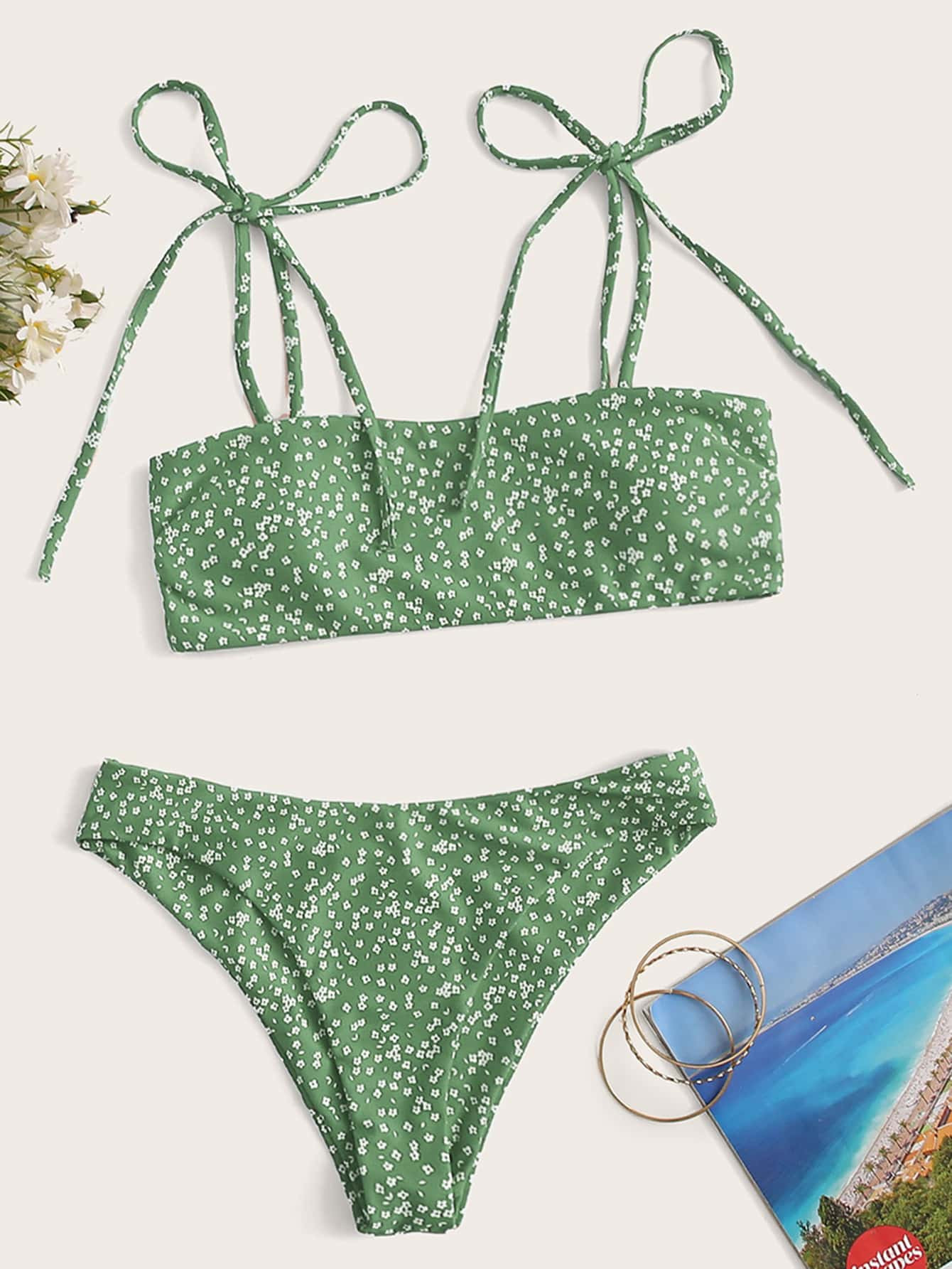 Ditsy Floral Tie Shoulder Bikini Swimsuit | SHEIN