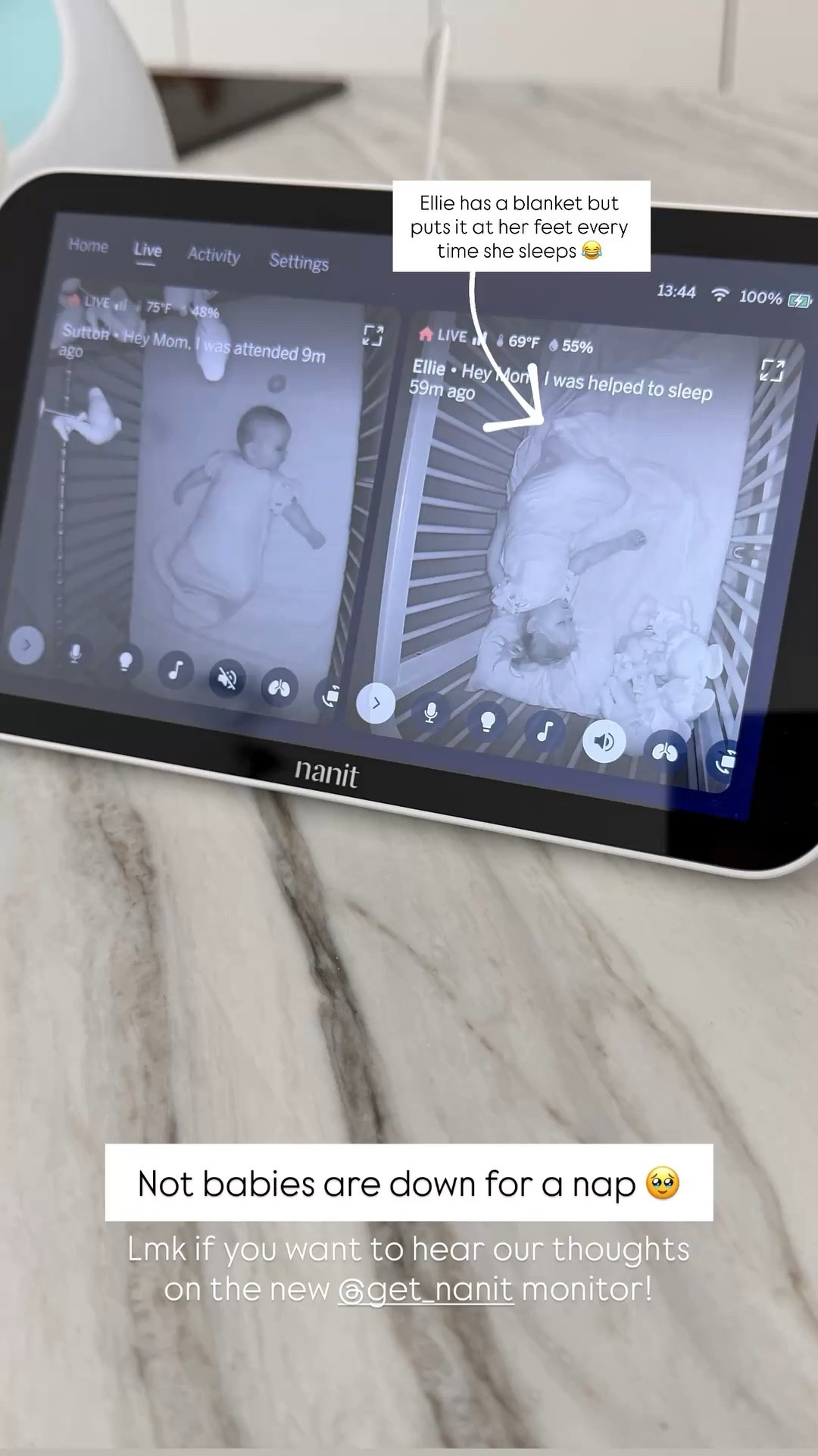 Not babies are down for a nap 🥹 Lmk if you want to hear our thoughts on the new @get_nanit monitor! Ellie has a blanket but puts it at her feet every time she sleeps 😂