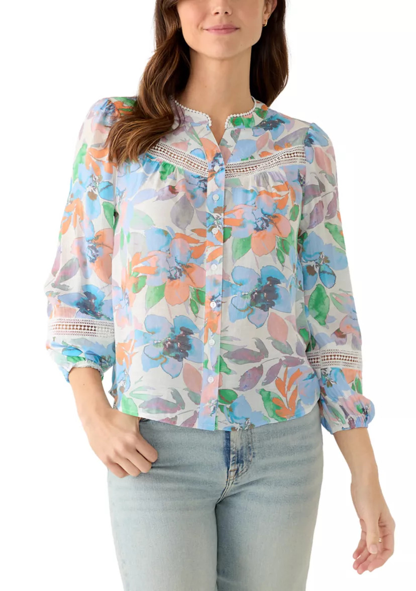 Women's 3/4 Sleeve Button Front Crochet Top | Belk