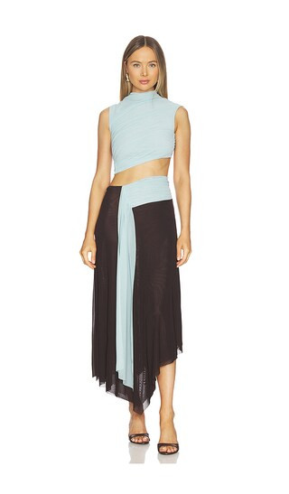 Conni Asymmetric Midi Dress in Arctic Blue & Dark Choc | Revolve Clothing (Global)
