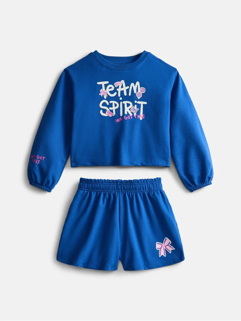 Wonder Nation Little Girls Crewneck Sweatshirt and Shorts Set, 2 Piece, Sizes 4-10 | Walmart (US)