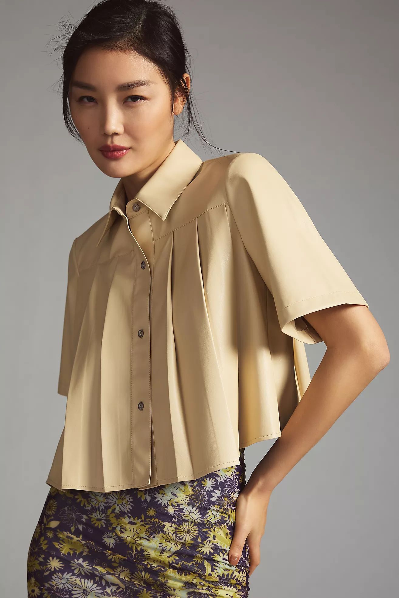 Maeve Pleated Faux Leather Shirt | Anthropologie (US)