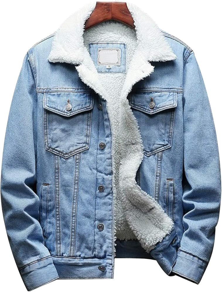 Omoone Men's Lapel Sherpa Fleece Lined Thicken Denim Jean Trucker Jacket Coats | Amazon (US)