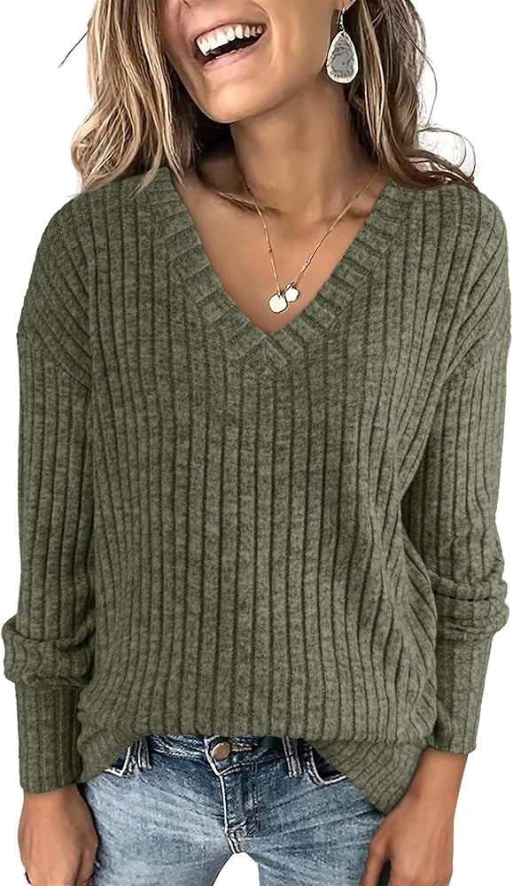 ANRABESS Long Sleeve Shirts for Women V Neck Casual Fall Tops Loose Fit Lightweight Sweaters Tuni... | Amazon (US)