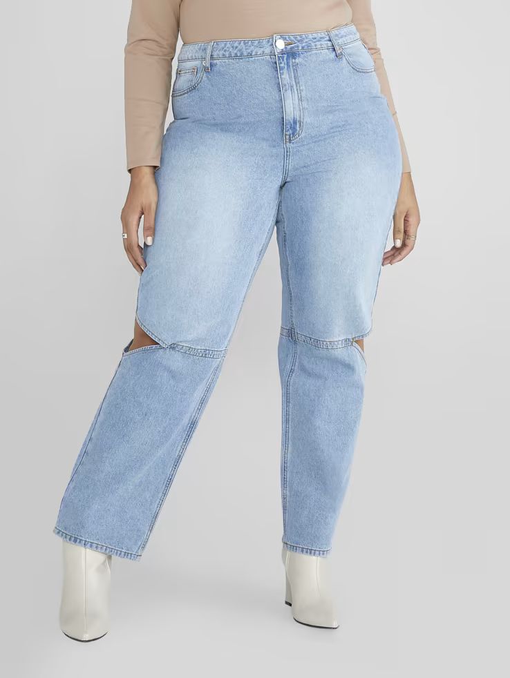 Plus Size High Rise Relaxed Fit Jeans with Knee Cutouts | Fashion to Figure | Fashion To Figure