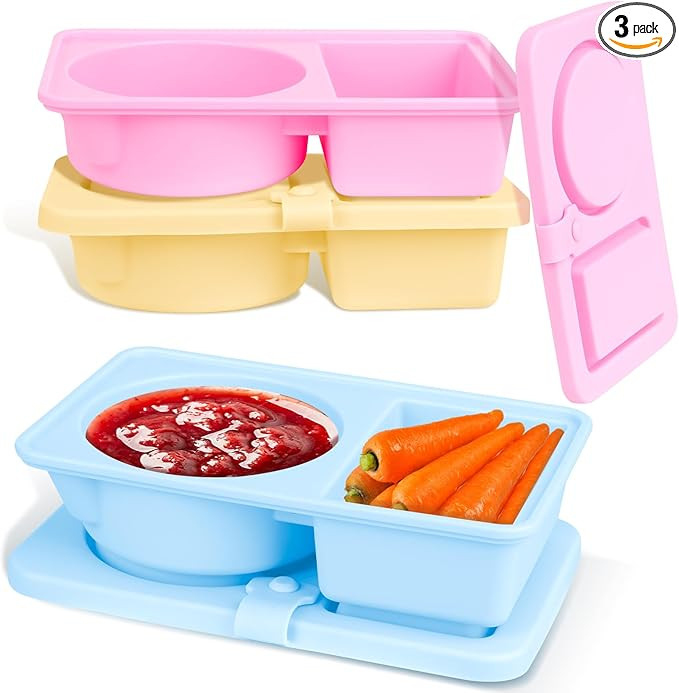 3 Pack Silicone Reusable Snack Containers with Lids, Double Compartment Snackle Box Containers, S... | Amazon (US)