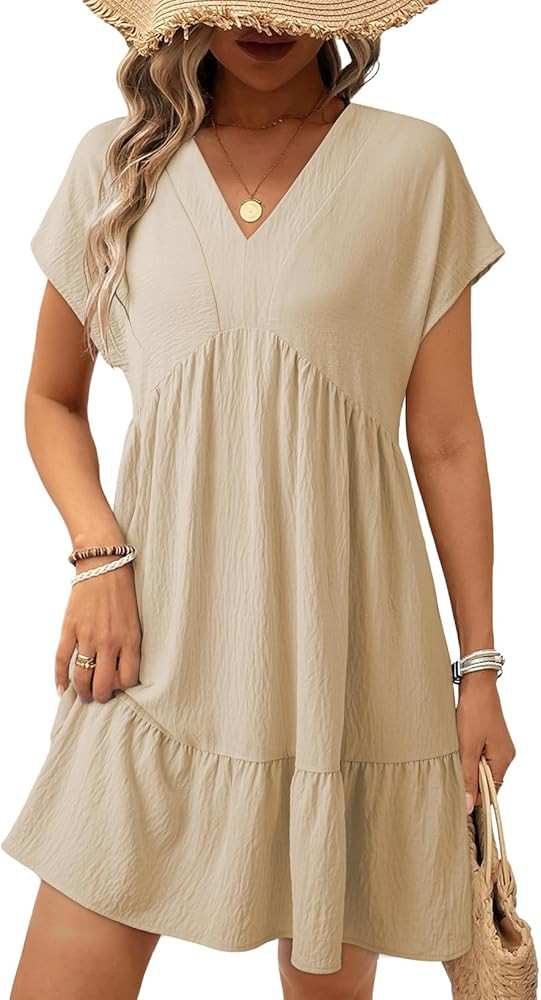 Acelitt Women's Summer Dresses 2026 Beach Casual Deep V Neck Loose Sundress Short Sleeve Mini Dre... | Amazon (US)