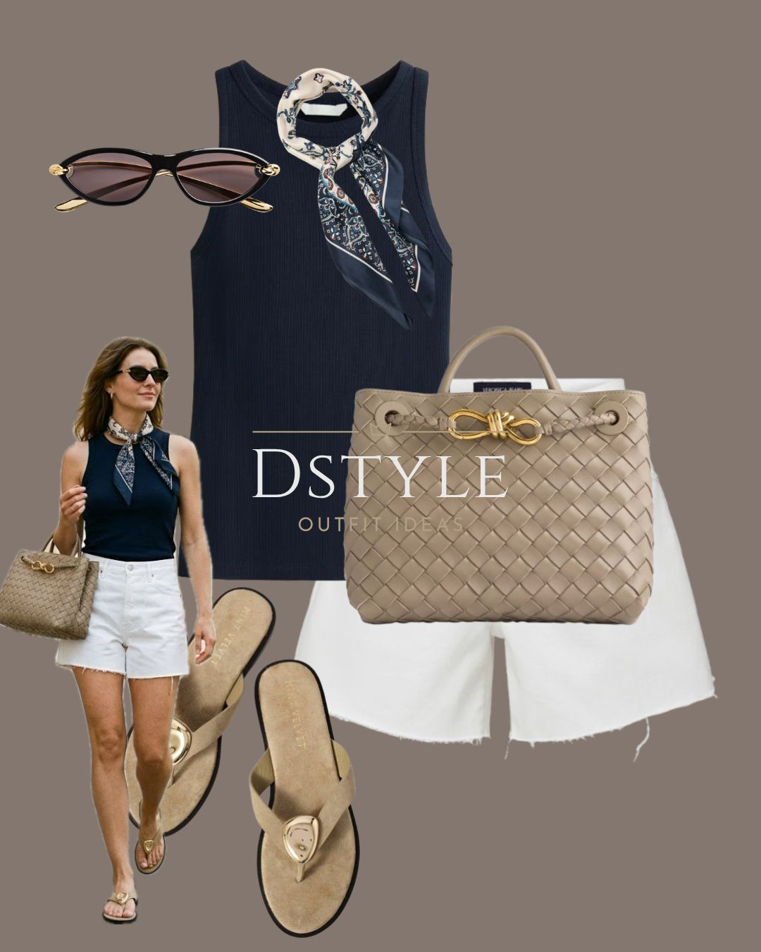 A simple navy ribbed tank and white cut-offs made chic with a printed neck scarf and woven tote. These gold-detail sandals are a summer must-have for all-day comfort. 🧺

Tags: White Denim Shorts, Ribbed Tank Top, Summer Accessories, Casual Summer Outfit.

#LTKootd