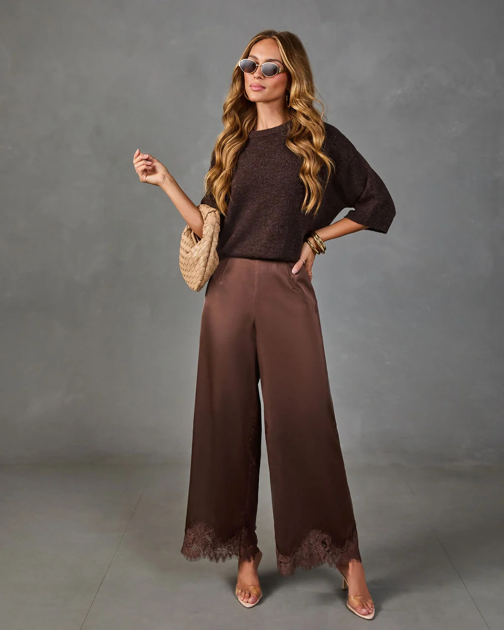 Soera Satin Wide Leg Lace Trim Pants Chocolate / M | VICI