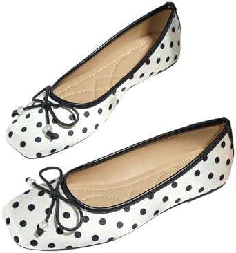 MakeMeChic Women's Bow Knot Polka Dots Flat Shoes Beaded Closed Toe PU Leather Fall Flats | Amazon (US)