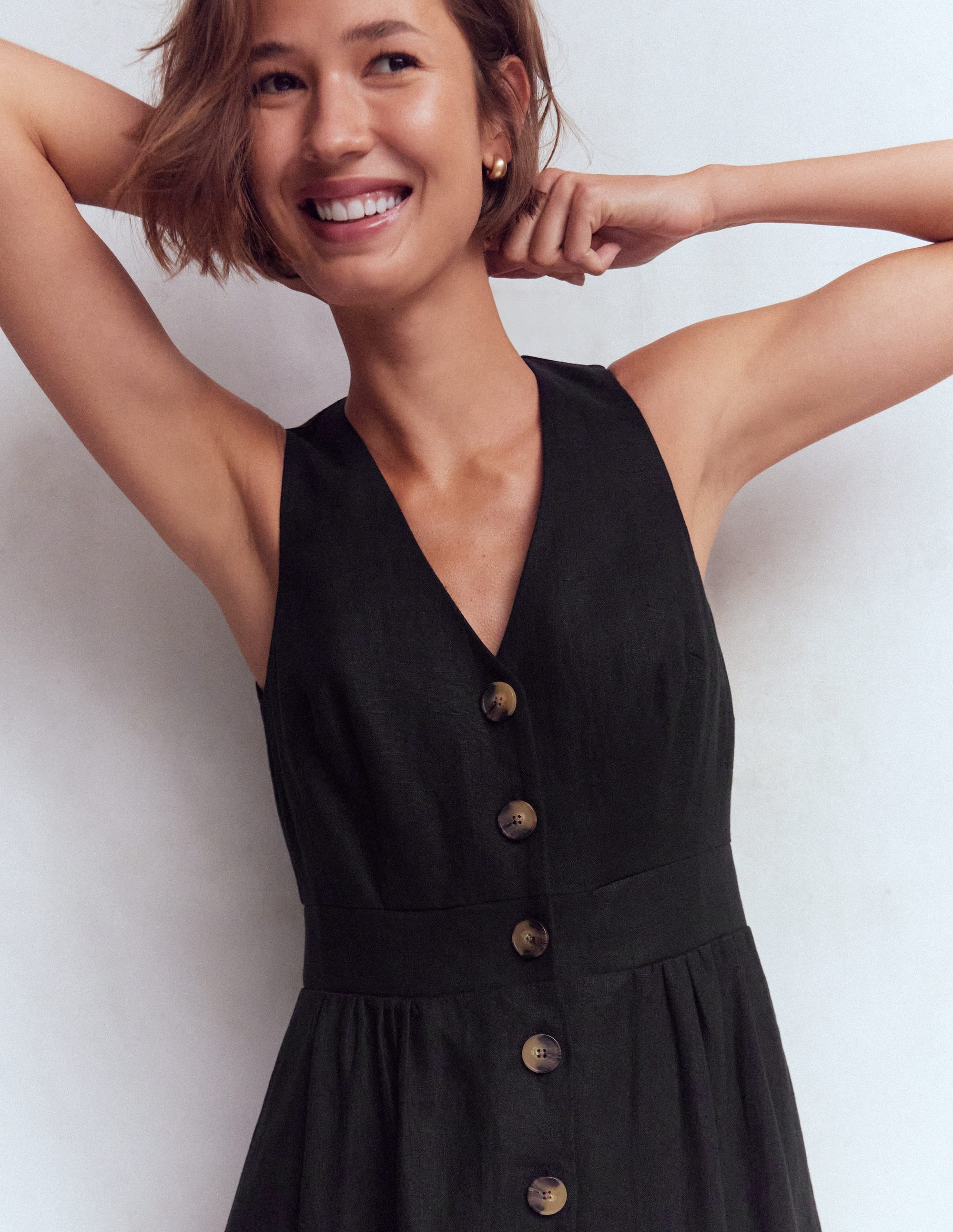 Catherine Button Linen Dress-Black | Boden (US)
