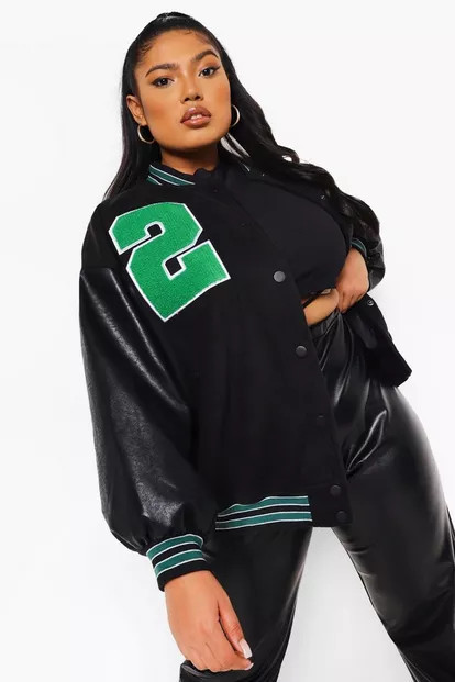 Plus Pu Sleeve Oversized Varsity Jacket | Boohoo.com (UK & IE)