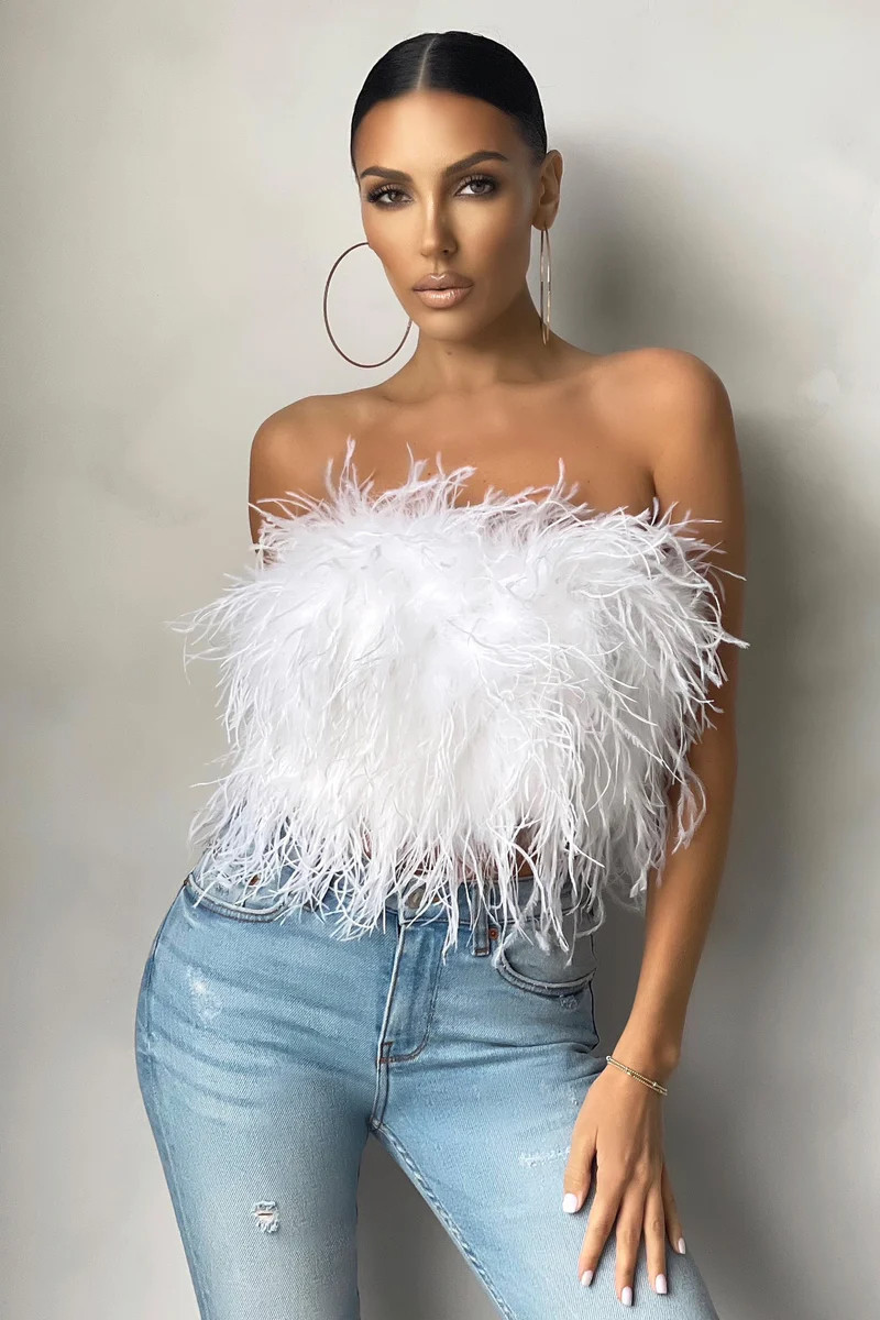 Dream Daze | White Feather Bandeau Crop Top | Club L London IE