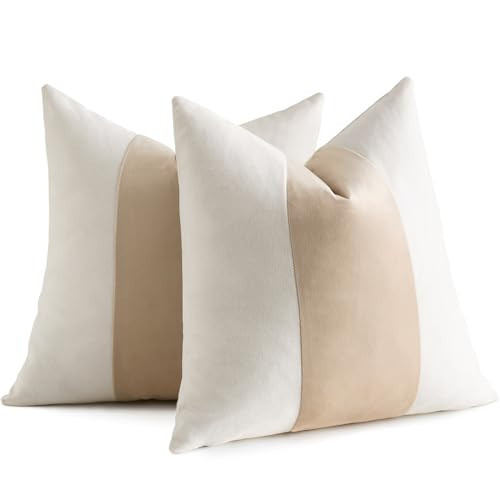 AmHoo Pack of 2 Velvet Panel Cotton Pillow Covers Decorative Pillowcase Cushion for Couch Sofa Bedroom 20 x 20-Inch Beige | Amazon (US)