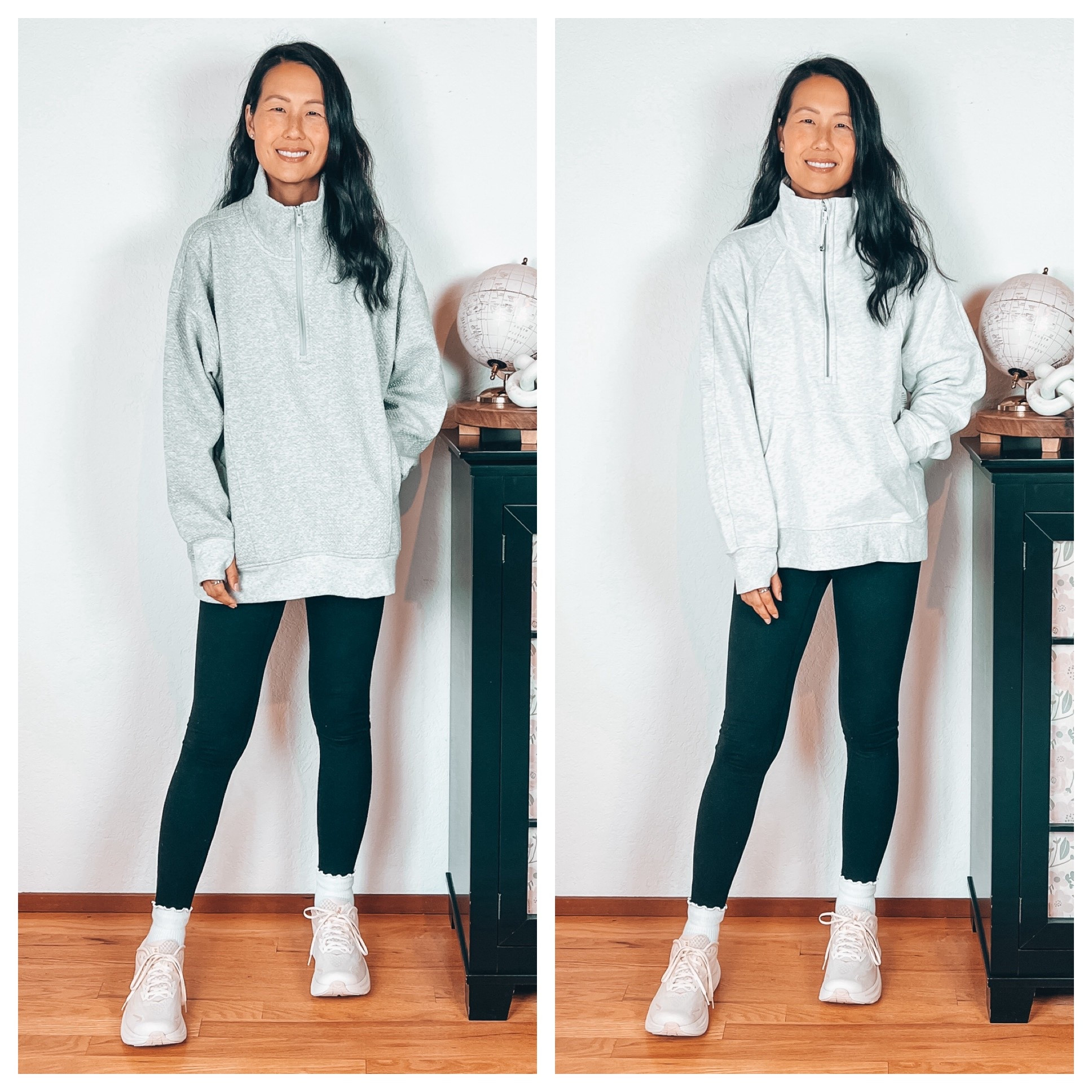 Old Navy quarter zip tunic sweatshirt, on left, wearing large but would prefer medium 
Lululemon scuba quarter zip, wearing XS/S, would prefer M/L for a more oversized fit


#LTKmomlife #LTKOver40 #LTKCyberWeek
