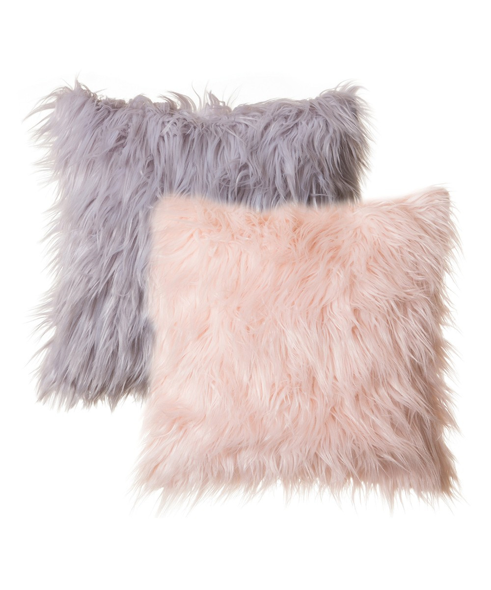 North End Decor Throw Pillows Pink - Pink & Silver Mongolian Long Faux Fur Throw Pillow - Set of Two | Zulily